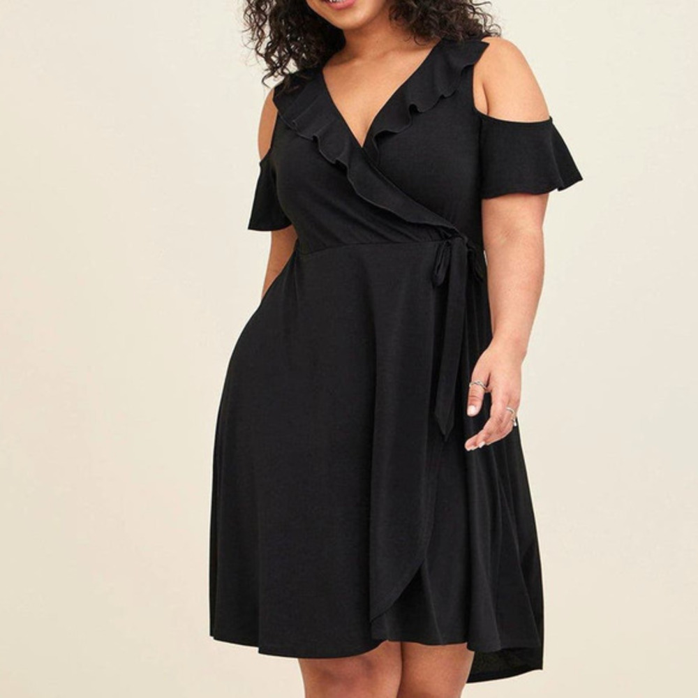 New Torrid 2 (2X) Black Studio Knit Cold Shoulder Wrap Ruffle Trim Party Dress